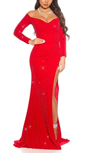 Koucla Sparkling Off Shoulder Langarm Maxi Kleid mit XXL-Beinschlitz M