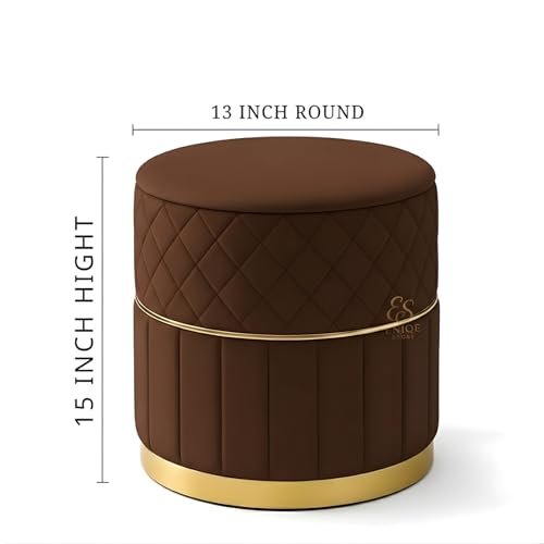 Image of ENIQE STORE Set of 2 Round Velvet Ottoman Footstool Gold Base - Tufted Upholstered Pouffe Stool for Living Room, Bedroom & Dressing Area (Brown)