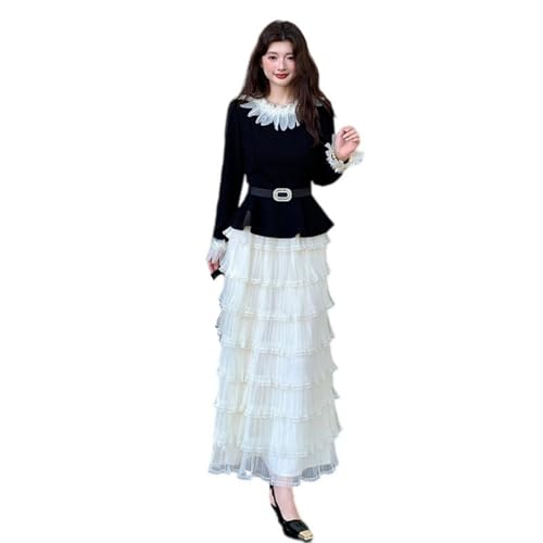 JYHBHMZG Conjunto de falda de manga larga con cuentas florales vintage para mujer, Negro, M