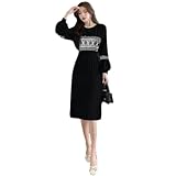 [blue beryl] [ブルーベリル] ニットワンピース レディース ミモレ丈 長袖 バルーンスリーブ 幾何学模様 プリーツ ラウンドネック ブラック BB056-BK-L