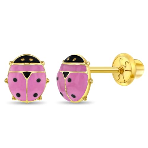 14k Yellow Gold Enamel Colorful Ladybug Screw Back Earrings for Toddlers & Young Girls - Ladybug Stud Earrings for Children with Safety Screw Back Locking - Kids Ladybug Earrings