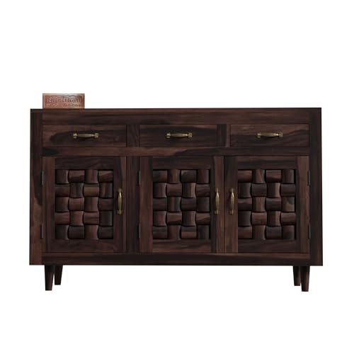 Image of Solid Sheesham Wood Sideboard Cabinet Storage with 3 Door & 3 Drawer Wooden Storage Organizer Cabinet for Home Kitchen Living Room Bedroom Hallway Dinning | Walnut Finish | Pre-Assembled