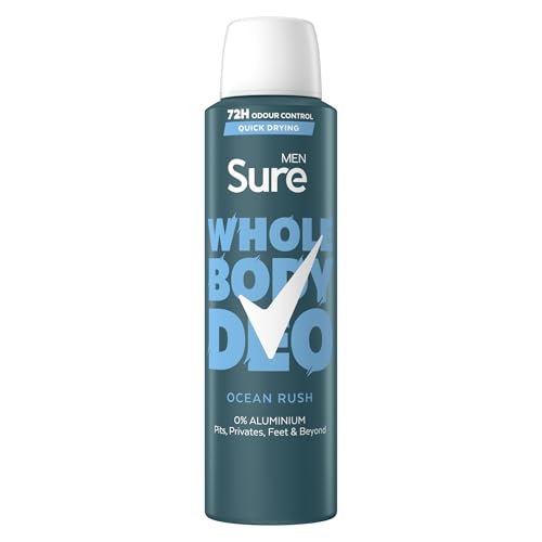 Sure Men Ocean Rush Whole Body All Over Body Deodorant Spray with a herbal & woody fragrance and 72 hour odour control 150ml