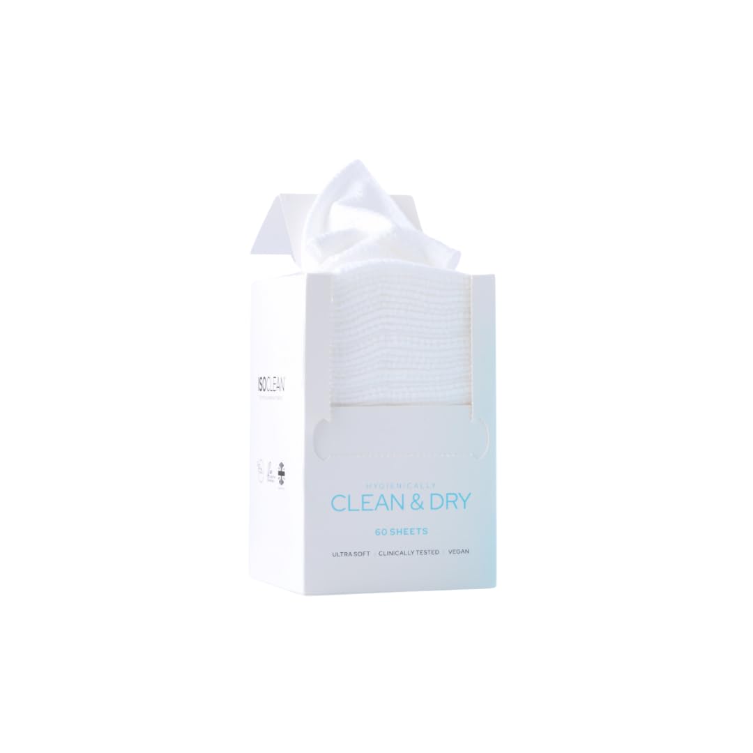ISOCLEAN Face Towel - Box of 60 Make Up Remover Wipes, Disposable Towels Made with Soft Organic Cotton, Gentle On Sensitive Skin, Ideal for Facial Cleansing and Removing Cosmetic Residue