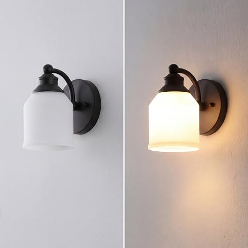 Image of JONATHAN Y 5.13 inch Oil Rubbed Bronze White 1-Light Metal Glass Candlestick Vanity Light Wall Sconce Farmhouse Transitional for Bathroom with Frosted Glass Shade LED Bulb Included JYL7549B