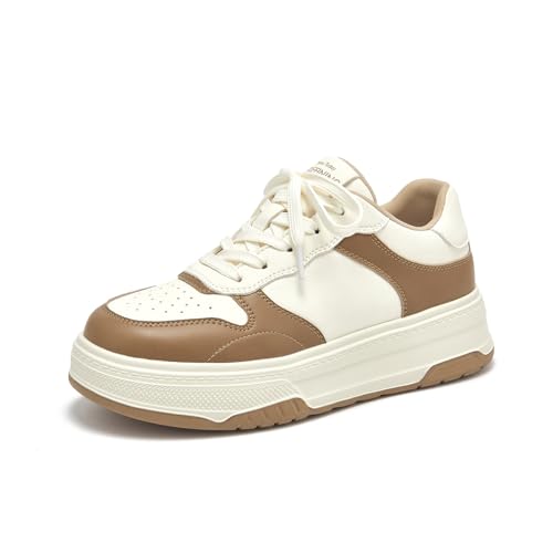 Image of BEAU TODAY Platform White Sneakers for Women,Leather Casual Tennis Shoes
