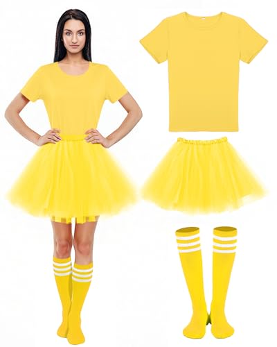 Shyyween 3 Pcs Women Tutu Candy Costume for Adult Tulle Tutu Skirt Tube Socks Shirt for Team 80s Cosplay Party M-L(Yellow)