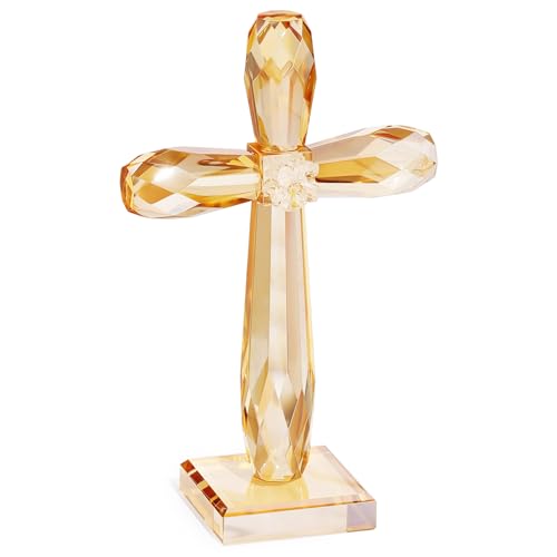 Image of YWHL Champagne Crystal Standing Cross Figurine, Religious Gifts for Women
