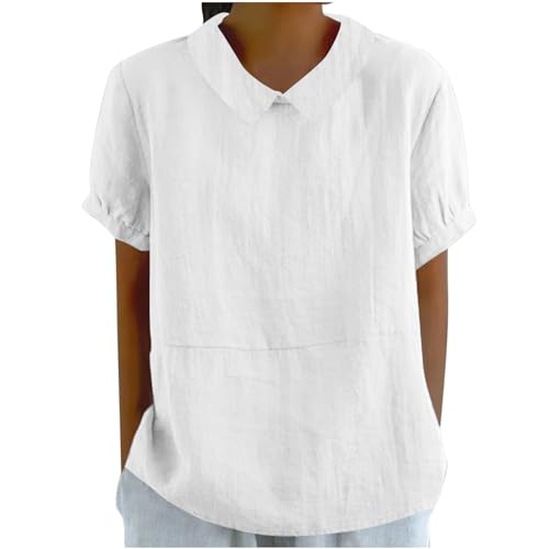 Peter Pan Collar Shirts for Women Short Sleeve Cotton Linen Blouse Summer Casual Plain Tunic Tops Teen Girls T Shirts