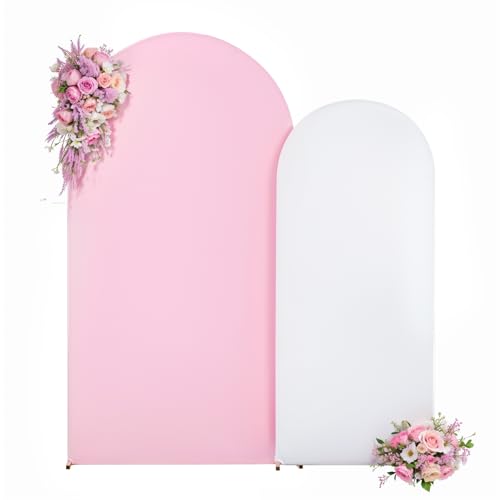 Image of White Pink Photo Arch Backdrop Cover Set of 2-7.2ft and 6ft Arch Covers Stretchy Backdrop Spandex Baby Shower Arch Stand Covers for Girls Birthday Party Wedding Bridal Shower Background Decorations