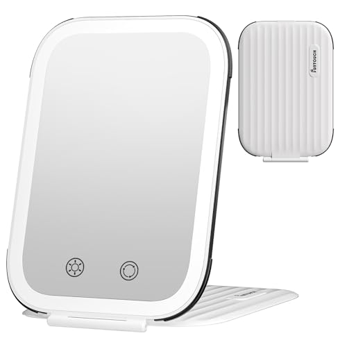 Image of FUNTOUCH Rechargeable Travel Makeup Mirror with Lights, Light up Portable Vanity Mirror with 80 LEDs,2000mAh Battery,Brightness Adjustable,3 Lighting, Dimming Compact Mirror