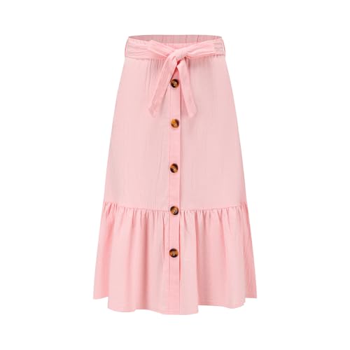 Eymitory Faldas largas con botones en la parte delantera, cintura alta, falda larga con cinturón, faldas con volantes y pocke, Rosado, 10-11 años