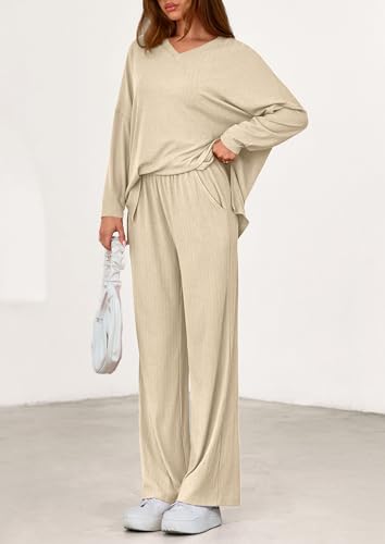 PRETTYGARDEN 2 Piece Lounge Sets for Women Fall Outfits 2025 Casual Loose Long Sleeve Tops Wide Leg Pants Matching Pajama Set