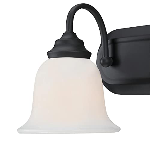 Image of Westinghouse 6117100 Harwell Traditional Four-Light Indoor Vanity Light Fixture, Matte Black Finish, White Opal Glass
