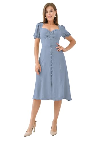 Image of Shasmi Girl's & Women's Solid Midi Dress - Elegant Square Neck Button-Down Dress with Puff Short Sleeves | Stylish Casual & Party & Office Wear Outfit (Dress 105)