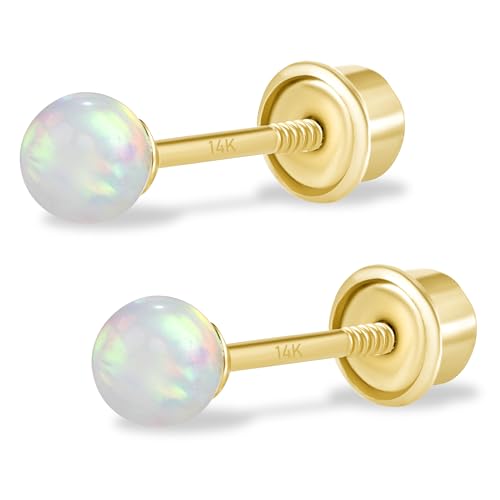 EVAYA 14k Gold Opal Stud Earrings for Women (3mm-7mm Diameter) - Real Solid 14k Gold Secure Screw Back Design (3mm)