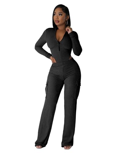 Molilove Womens 2 Piece Outfits Casual Ribbed Long Sleeve Bodysuit High Waist Wide Leg Cargo Pants Sets Fall Y2K Streetwear2