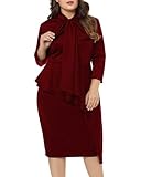 LALAGEN Women's Plus Size Long Sleeve Peplum Tie Neck Bodycon Pencil Midi Dress Wine XXL