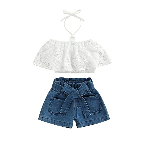 Lerrita Ensemble de vêtements d'été pour bébé T-shirt à licou en dentelle + short en jean Petite fille 2 pièces tenues mode à manches courtes en dentelle Crop Top Jeans Pantalon avec lacets Babysuit thumbnail