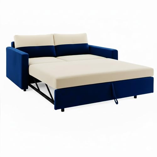 Image of SOCOZI Enrique 2-Seater Pull-Out Sofa Cum Bed | Soft Velvet Suede Fabric, Convertible Sofa Bed for Bedroom (Dark Blue-Cream)