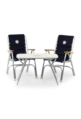 FORMA MARINE Folding Aluminum High Back Navy Blue Boat Chairs Teak Armrests 3 Piece Bundle Set 2 M150+1 Folding Alu.and Melamine Boat Table 20X35X24-B150NB250