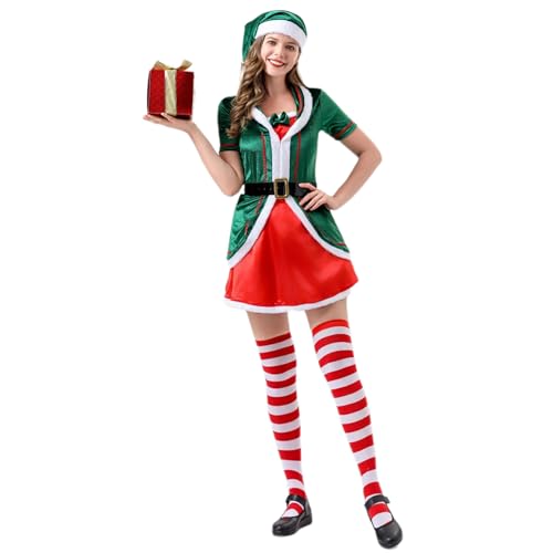 Velcoxplay Costume da Elfo per Donna, Costume da Elfo di Natale, Abbigliamento Festivo da Elfo, Costume Natalizio, Carnevale, Festa S