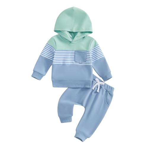 Geagodelia Toddler Baby Boy Clothes Outfits Long Sleeve Hooded Tracksuit Hoodies Sweatshirt Fall Winter Jumper Trouser Set (Stripe Blue, 18-24 Months)