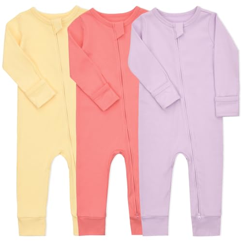 Image of Aablexema Baby Cotton Footless Pajamas with Mitten, 3-pack Infant Romper Zip Up One Piece Jumpsuits Outfit