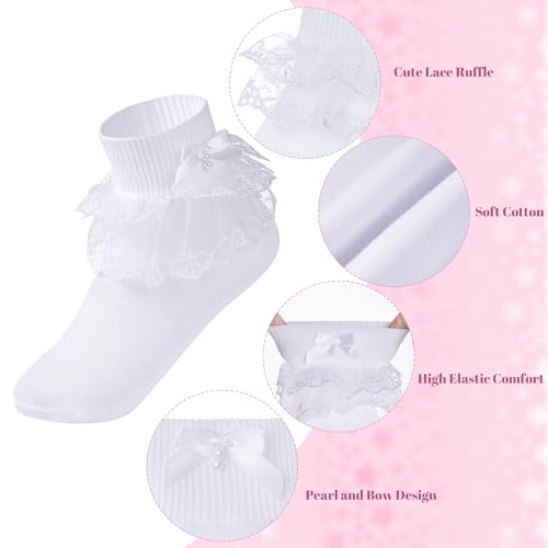 2 Pairs Girls Dress Socks White Toddler Girls Ruffle Socks with Cute Faux Pearl for Dress Daily Wear4