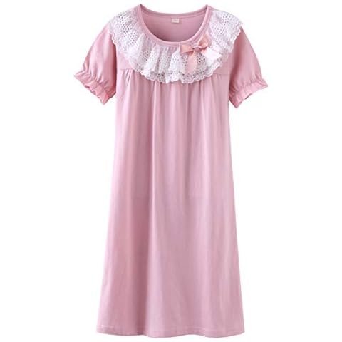 Big Girls' Princess Nighties Lace Sleep Shirts Short Sleeve Solid Pink 8 Cover