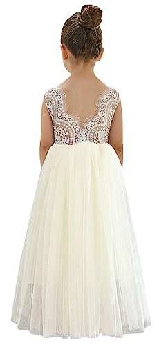 Image of 2Bunnies Girl Peony Lace Back A-Line Straight Tutu Tulle Party Flower Girl Dress