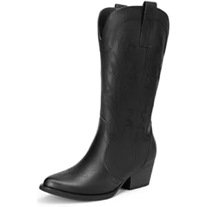 DREAM PAIRS Women's Cowboy Cowgirl Boots Embroidered Pointed Toe Low Heel Western Mid Calf Boot for Theme Party Country Concert 7 All Black