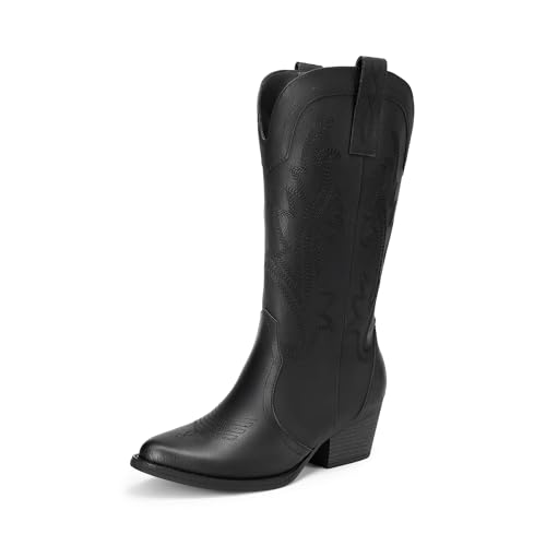 Image of DREAM PAIRS Women's Cowboy Cowgirl Boots Embroidered Pointed Toe Low Heel Western Mid Calf Boot for Theme Party Country Concert