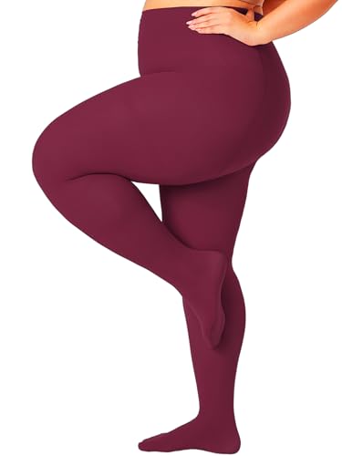 Image of Plus Size Opaque Tights for Women 240D Soft Solid Color Footed High Waist Control Top Pantyhose