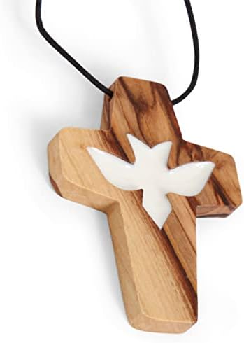 "Wooden Cross Necklace, Christian gift, White Dove,Faith Cross Pendant for the church and home Car Rearview Mirror Pendant, Olive wood from Bethlehem, size 2.7""x1.8""", Wood