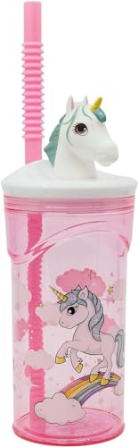 Golddunes 3D Cartoon Character Kids Figurine Plastic Re-Usable Tumbler Beaker with Re-Usable Flexi Straw - 360ml (Unicorn)