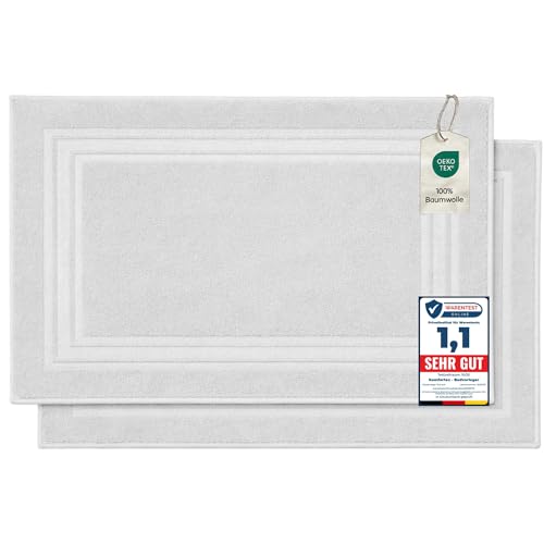 Komfortec Lot de 2 Tapis de Bain, en Tissu éponge, lavables, 600 g/m² et 100% Coton Absorbant et à séchage Rapide, Blanc, 50 x 70 cm