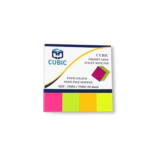Image of Cubic Prompt Neon Sticky Note Pad Page Markers - Fluorescent Color Flags Pack of 3 - 1.9cm x 7.5cm, 160 Sheets Each