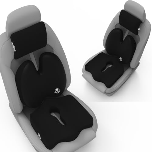 Image of MRRON Memory Foam Posture Corrector Car Seat Cushions Combo | Orthopedic Backrest, Coccyx Cushion & Neckrest | Ergonomic Lumbar Comfort Seat Cushion | Reduces Sciatica, (Black, Backpro)