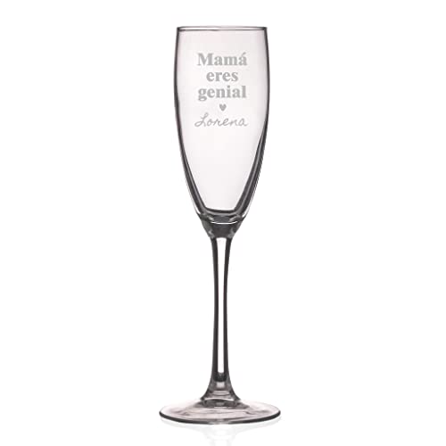 Wanapix | Copa de Cava/Champan Personalizada | Regalo Día de la Madre | Nombre o Texto Personalizado mediante Grabado | Copa de Cristal | Detalle Original | Mamá eres genial
