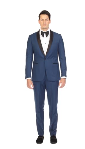 Ferrecci Mens Suit Slim Fit Shawl Lapel Collar 2 Piece Tuxedo for Men | Men's Tuxedos | One Button Solid Jacket, Pant Indigo