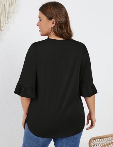Micoson Womens Plus Size Tops 3/4 Ruffle Sleeve Shirt Casual V Neck Pleated T Shirt Loose Fit Tunic Blouse(1X-5X)4