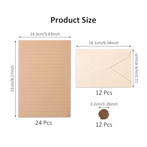 48 Pieces Stationery Set with Envelopes (24 Kraft Paper Sheets + 12 Linen Texture Envelopes+12 Wax Seal Stickers), Stationery Letter Writing Paper Set for Love Letters and Party Invitations (White) - Thumbnail 3