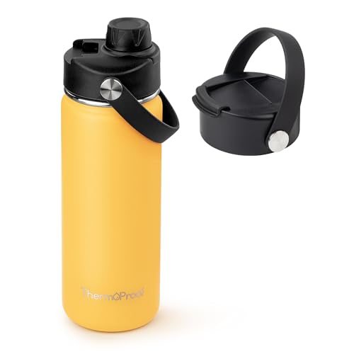 Image of ThermoProof Insulated Water Bottle - Stainless Steel, Wide Mouth, Flip & Spout Lids, Leakproof, Dishwasher Safe, Reusable - Keeps Drinks Hot or Cold - for Adults & Kids - 18oz, Amber