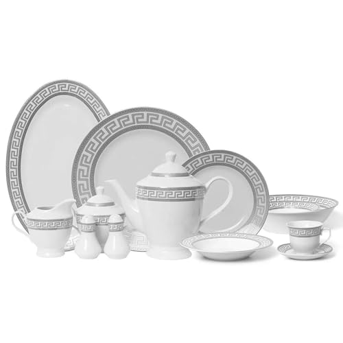 57-Piece Dinnerware Set for 8 - Silver Greek Key Pattern