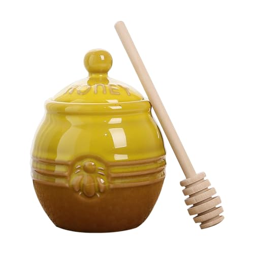 Tarro de miel de porcelana, tarro de miel de cerámica, tarro de miel de cerámica, recipiente de miel con decoración de abeja, cuchara de madera para agitar y tapa de sellado, pequeño recipiente de