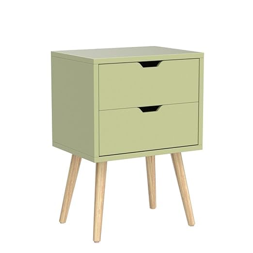 Image of Organizing Nightstand Solid Wood Legs Mid-Century Modern Bedside Table Practical and Simplistic End Side Table with Two Drawers (Green)