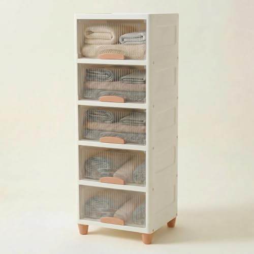 Image of Ash & Roh Multi-Layer Plastic Storage Cabinet with Transparent Flip Door | Space Saving Organizer for Kitchen, Bedroom, Office | Almirah for Clothes - Wardrobe Cabinet | (5-Tier White Box)