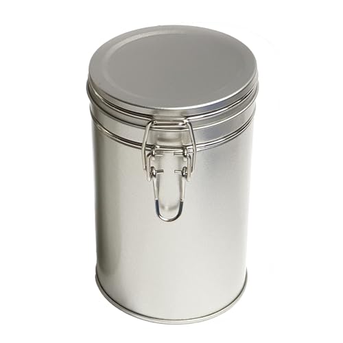 SHC Web Kitchen Storage Canister Small 600ml - Airtight Clip Lid Tin - Tea Bags/Loose Tea/Coffee/Sugar/Food - Compact Slim Metal Caddy - 1 Pint Storage Container - Brushed Silver