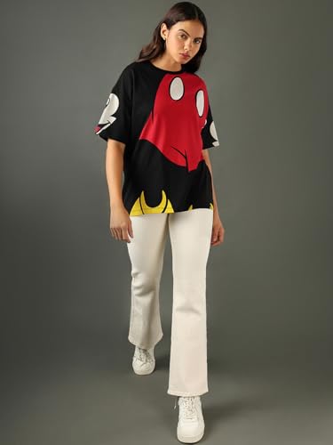 Image of Bewakoof X Disney Mickey Women's 100% Cotton Graphic Print Oversized Fit Half Sleeve Round Neck T-Shirt | Casual wear | Streetwear | Oversized Tshirt for Woman Cotton| Baggy